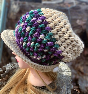Crochet Handmade Tan/Purple/Green Slouchy Brimmed Hat  display picture 3