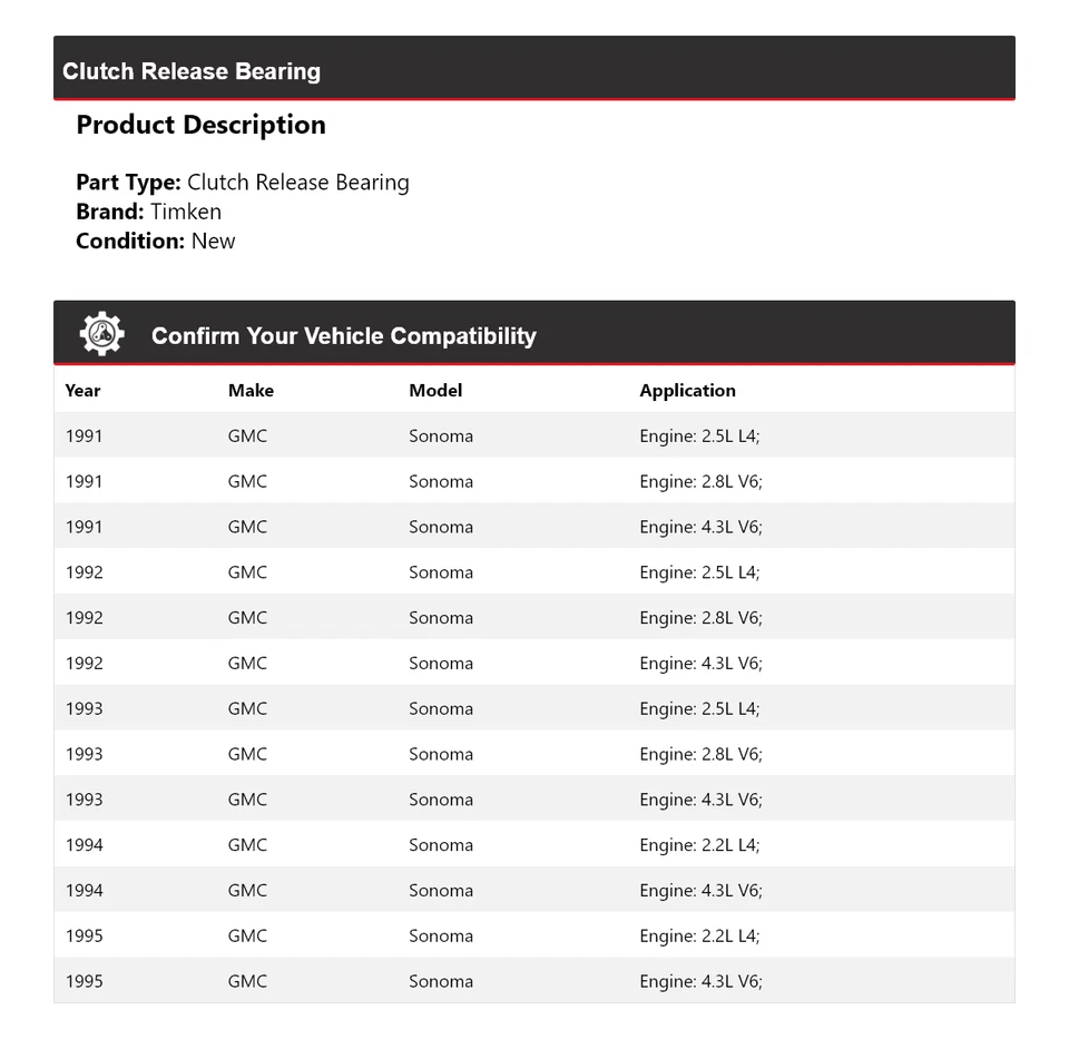 Cojinete de liberación de embrague Timken 1992 1993 1994 para GMC Sonoma 1991-1995 Foto 2 de 4