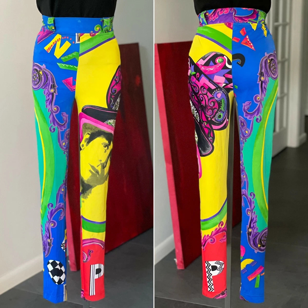 GIANNI VERSACE high waisted leggings w/ Il Mio Amico Elton print size 44  Pop Art