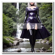 Latex Long Sleeve Dress Tripetal Flower Hem Slim Sweat Heart Neck Back Zip D140