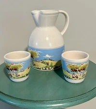 Beautiful Pitcher With 2 Cups Ceramic Farm Landscape