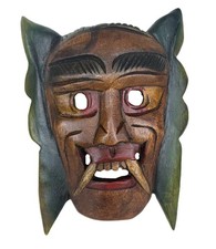 African Wood Mask Hand Carved Ceremonial Tribal Tiki Decor Wall Hanging -Vampire