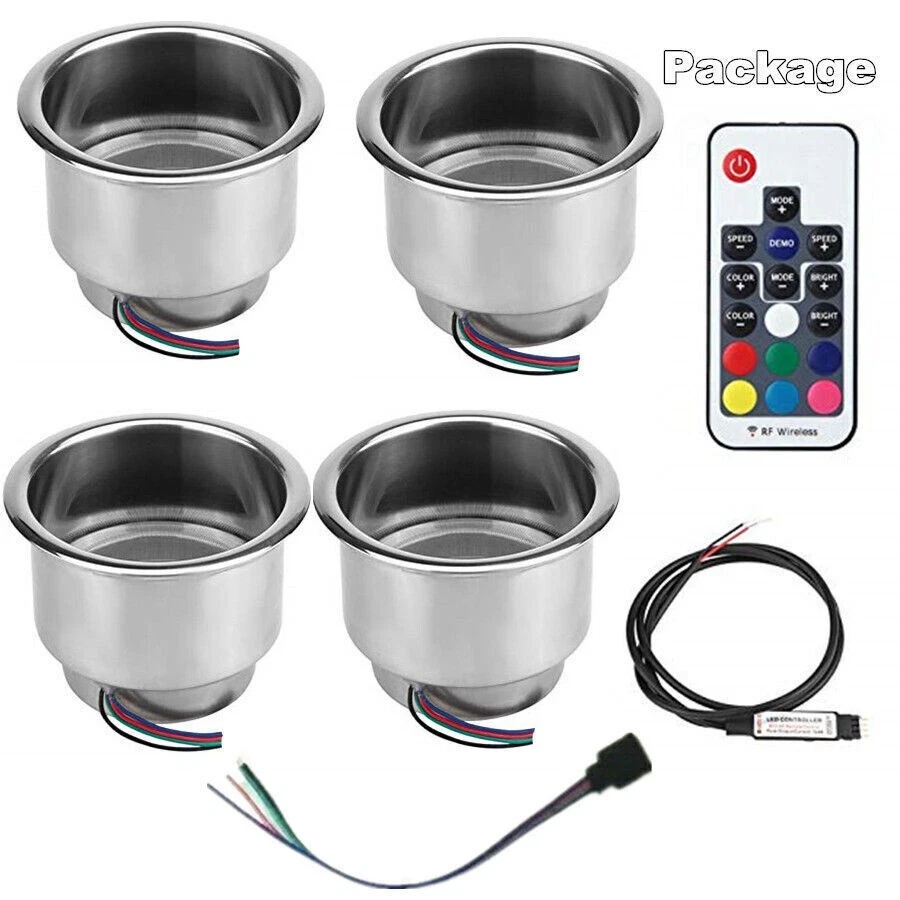 4x Stainless Steel Cup Drink Holder 14LED RGB Lights+Remote Car Marine Boat Foto 2 de 4