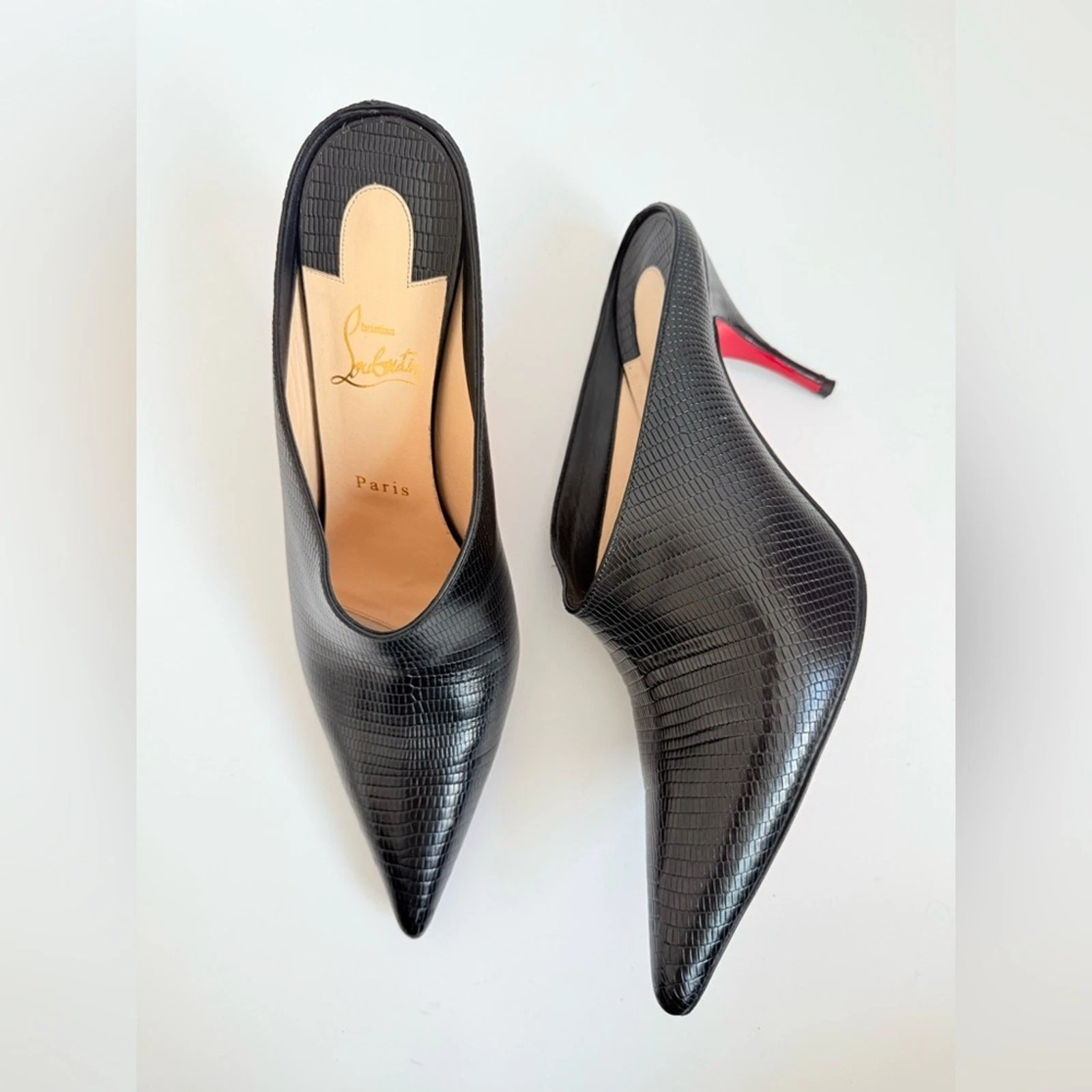 Christian Louboutin — Christian Louboutin Black leather Quart 80 embossed mules pointed toe 41