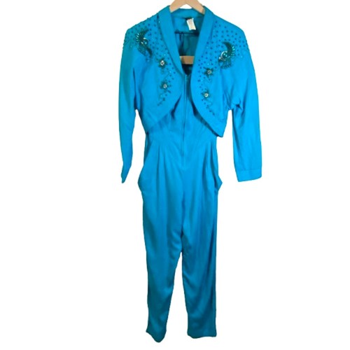 Vintage 80s Two Piece Jumpsuit & Jacket Set Teal/Turquoise Beaded Embellished 10