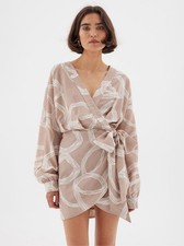 SOVERE SGRAFFITO full WRAP MINI DRESS  MOCHA long sleeve party resort sz small