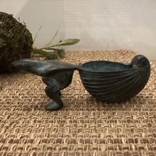 Vintage Frog Pulling Sea Shell Bronze Metal Planter Green Patina Rare