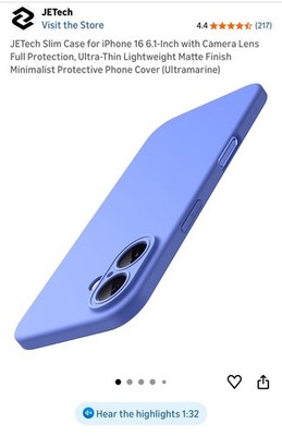 JETech Slim Matte Ultra-Thin TPU Case for iPhone 16 6.1-Inch Ultramarine