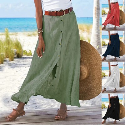 Summer Women's Skirt Cotton Linen Important Button Slit Flower Print Fashion Ver