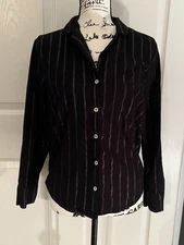 Victorias Secret Black w Silver Threads Striped Button Down Pajama Top Small