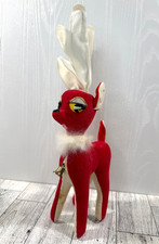 Vintage Dream Pets Stuffed Red  White 12" Reindeer w Fur Collar  Bell Japan
