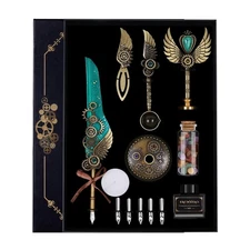 Feather Quill Pen Set Green with Ink Nibs Wax Seals Paper Envelopes Gift Box