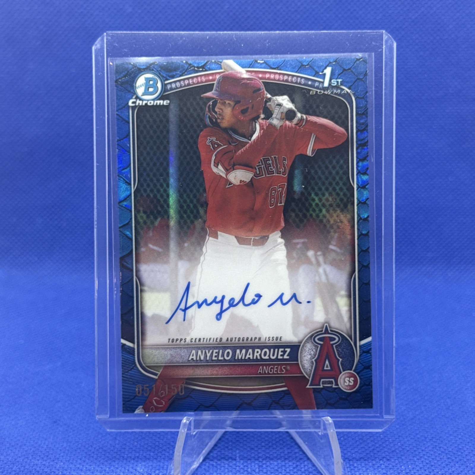 2025 Bowman Chrome Anyelo Marquez 1st Bowman Blue Reptilian Refractor Auto /150