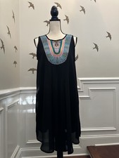 Thyme & Honey Womens Mini Dress Large Black Tunic Boho Embroidery Chiffon Hippie