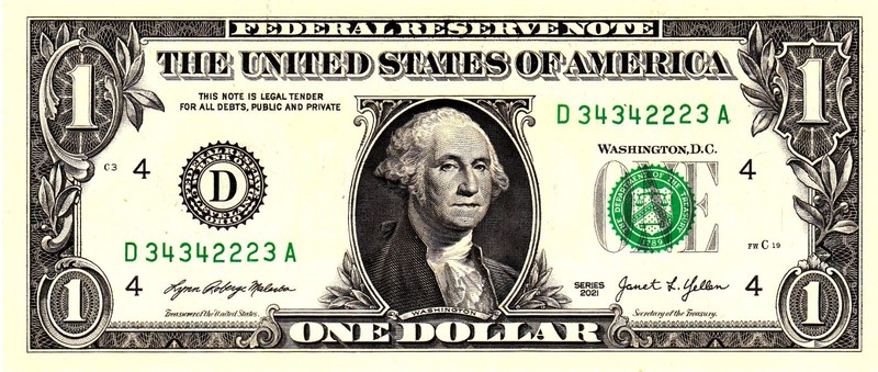 $1 2021 Fancy Serial  Uncirulated CU D34342223A