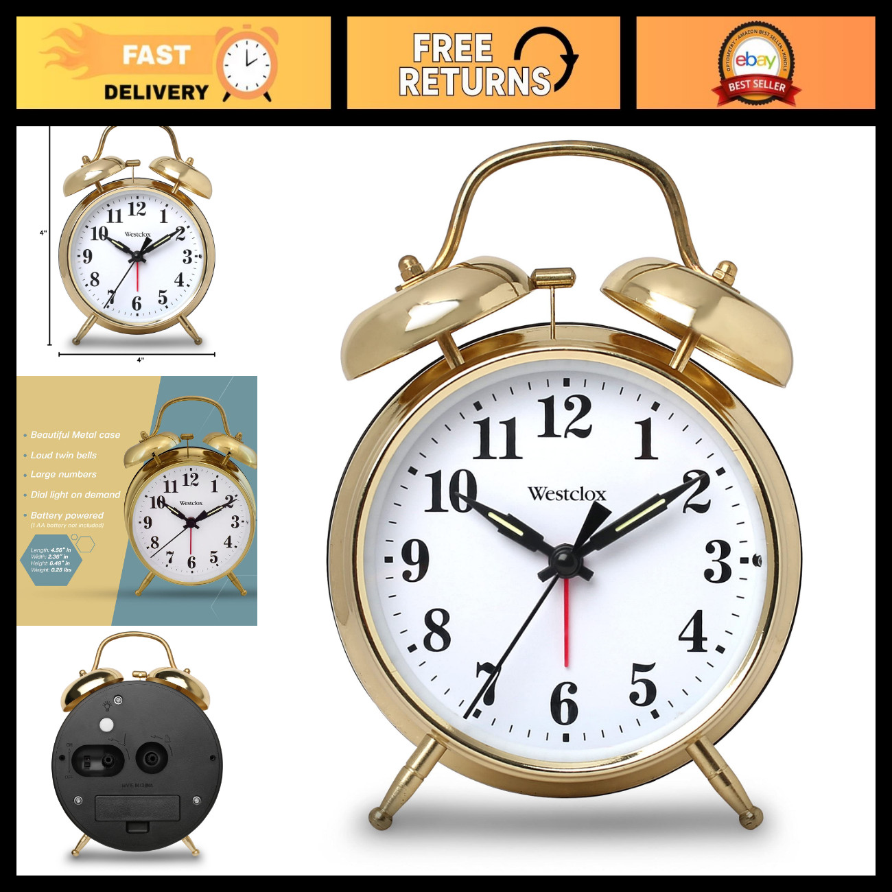 Loud Twin Bell Alarm Clock for Heavy Sleepers | Battery Operated with Backlight,