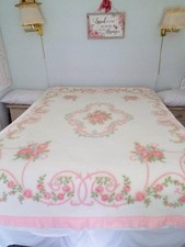 Vintage Blanket, White, Pink Roses, pink Satin Binding 72"X88"
