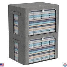 Linen Fabric Clothes Storage Bins 2-Pack - Foldable Stackable Organizer with