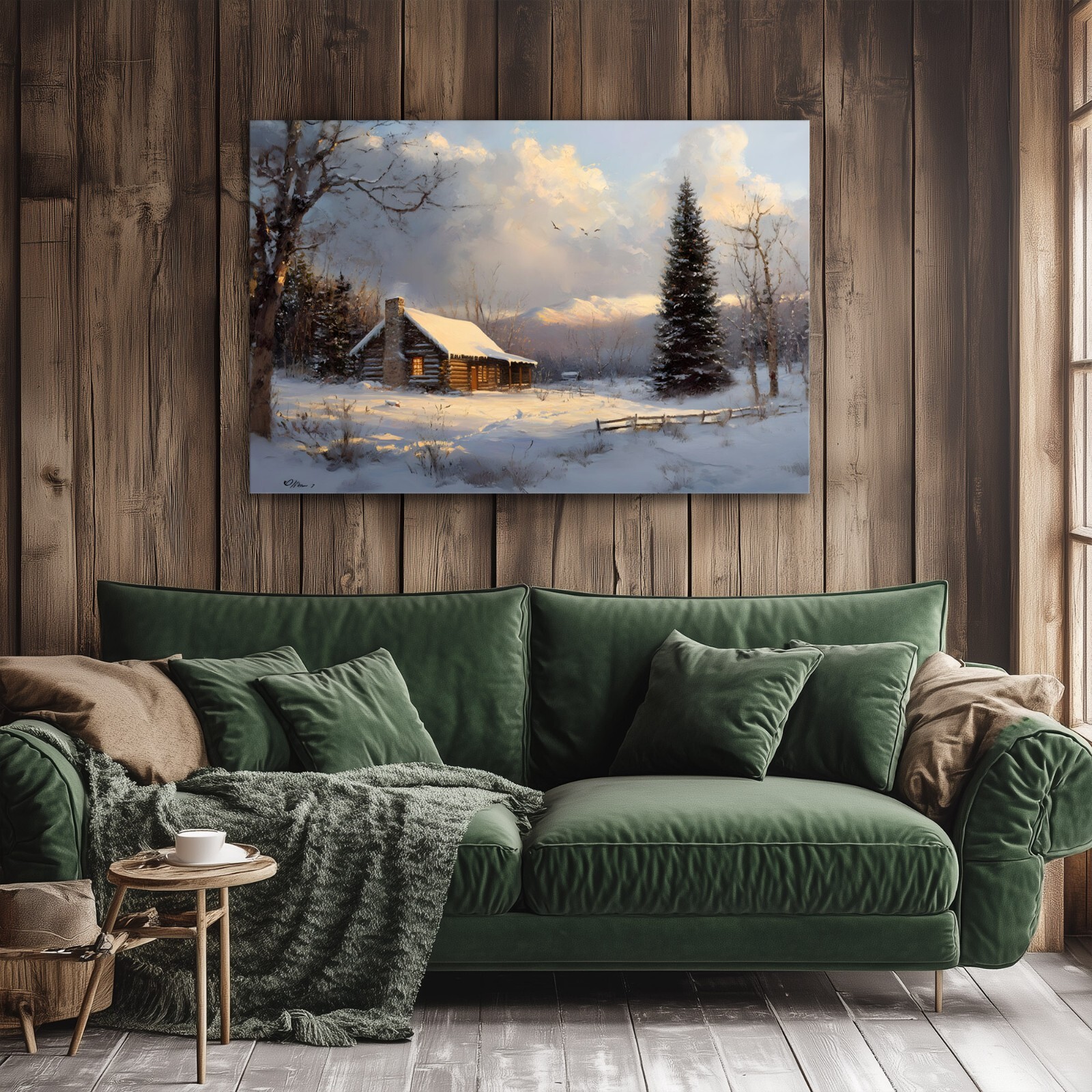 Snowy Log Cabin in Winter Landscape Painting Print Framed Canvas Rustic ...