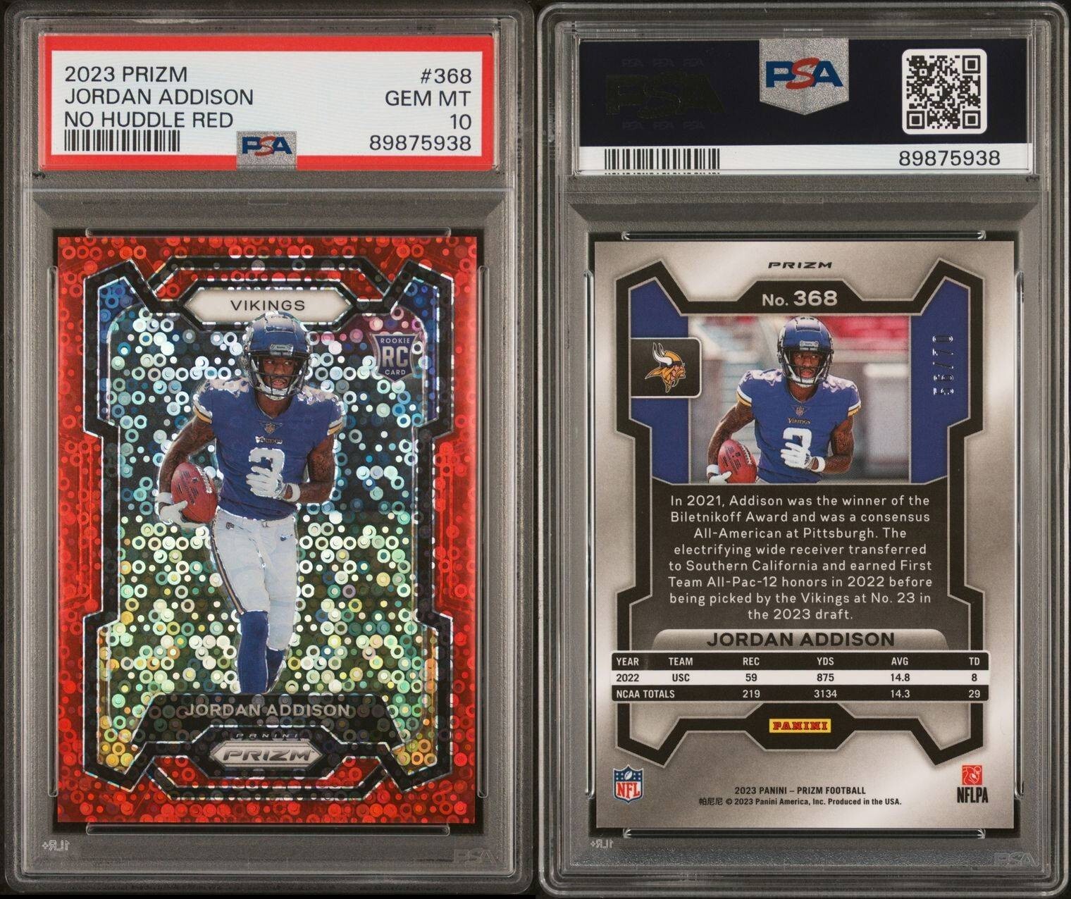 2023 Panini Prizm No Huddle Jordan Addison Red Disco #368 56/70 PSA 10