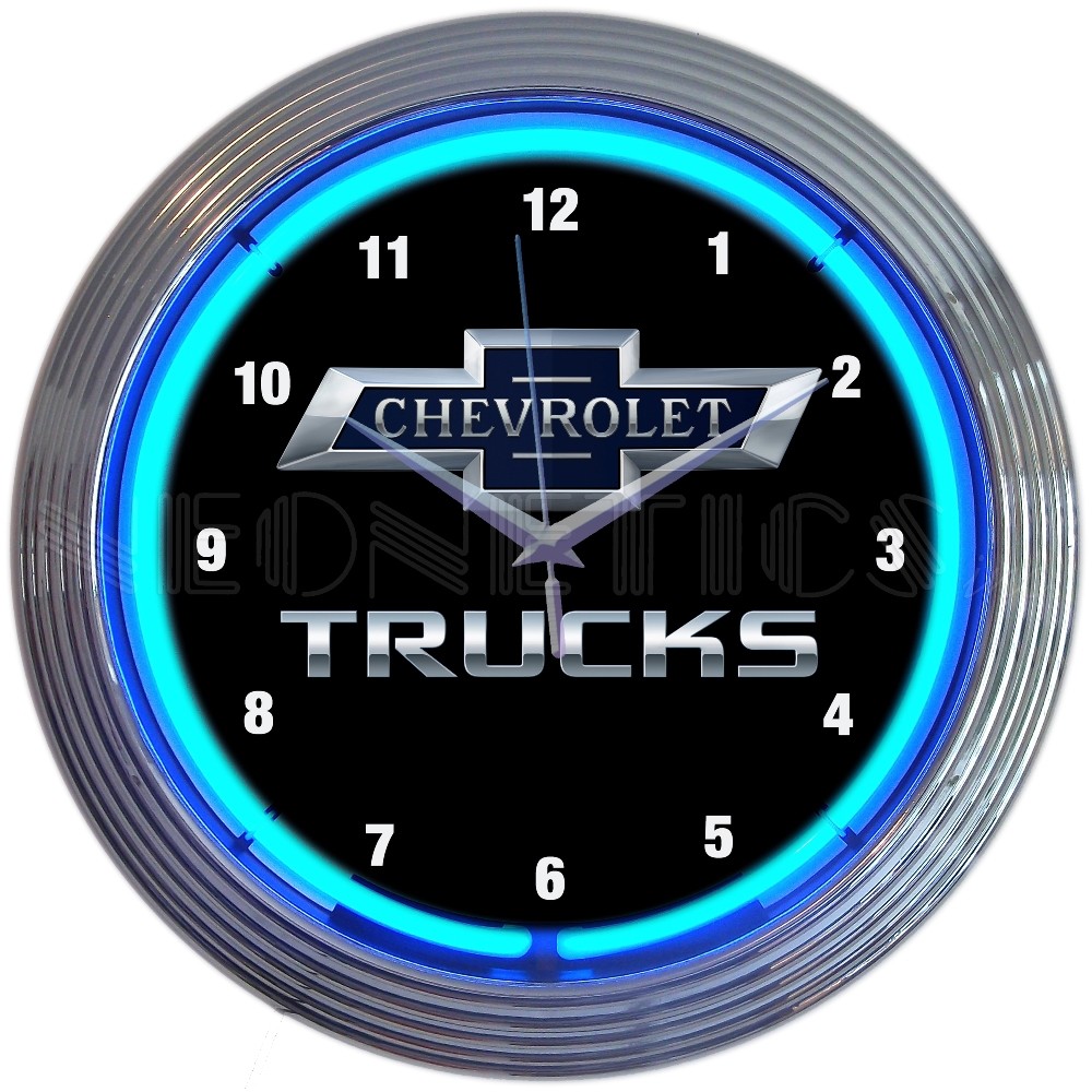 Chevy Trucks 100th Anniversary Car Garage Blue Light Neon Clock 15" by 15"