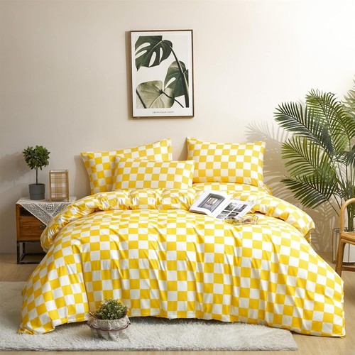 White Plaid Duvet Cover Sets Queen Women Girls Yellow and White