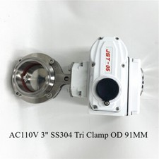 AC110V 3" SS304 Tri Clamp OD 91MM Sanitary Motorized Butterfly Valve NEW