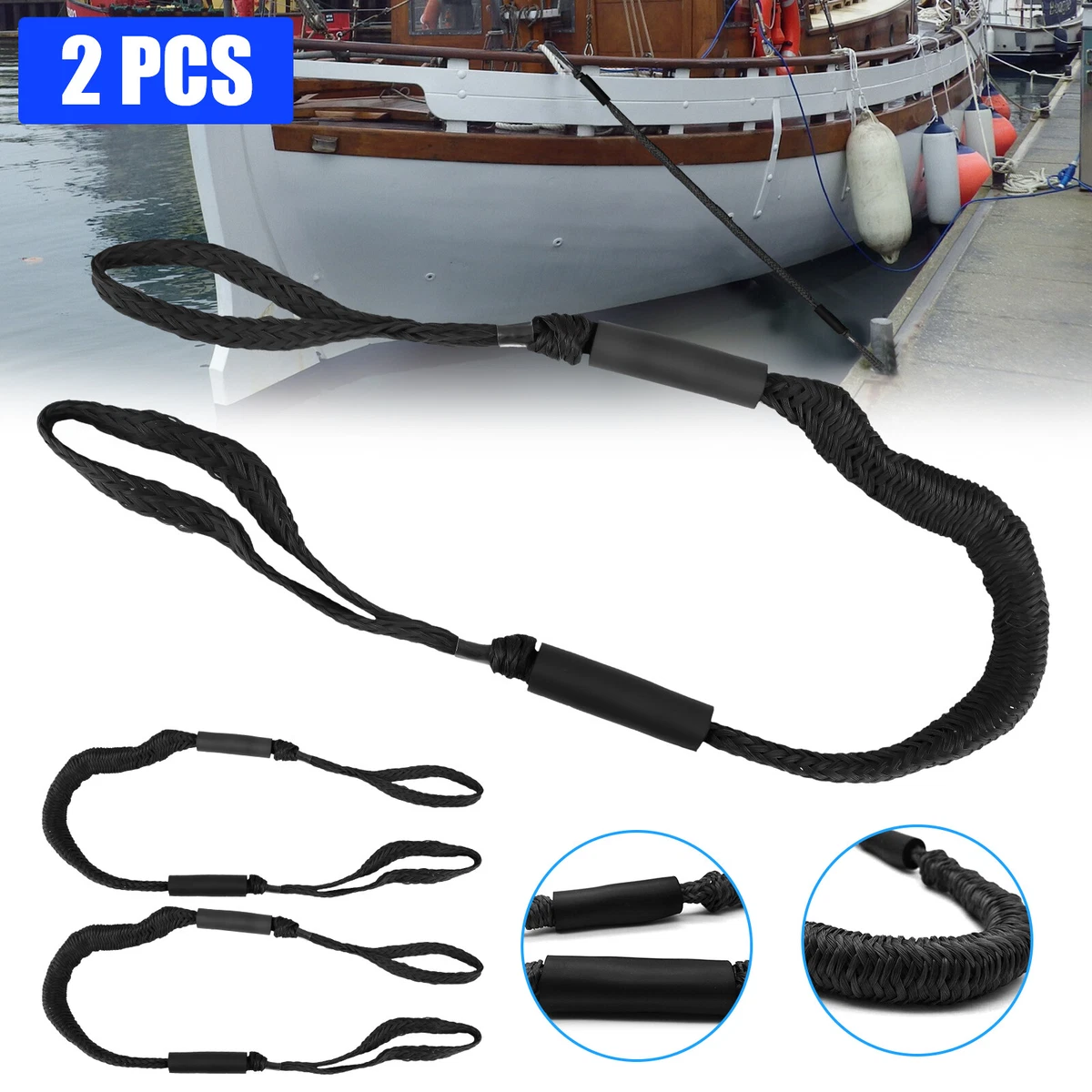 2x Marine Bungee Cord Dock Line Boat Mooring Rope Bungee Tie Down Stretch  Black