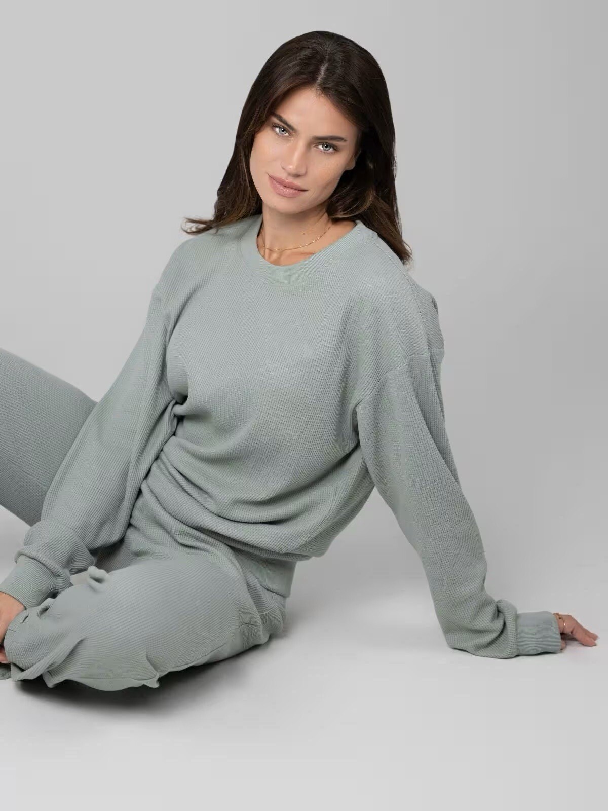 Comfrt Women’s Waffle Lounge Long Sleeve + Pants  In Sage Green Size 3XL New