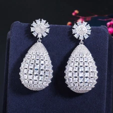 Silver Plated Cubic Zirconia Bridal Big Square Long Flower Round Drop Earrings
