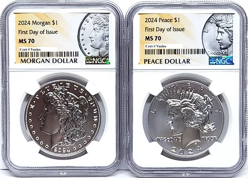 2 coin set 2024 morgan peace silver dollars ngc ms 70 first day