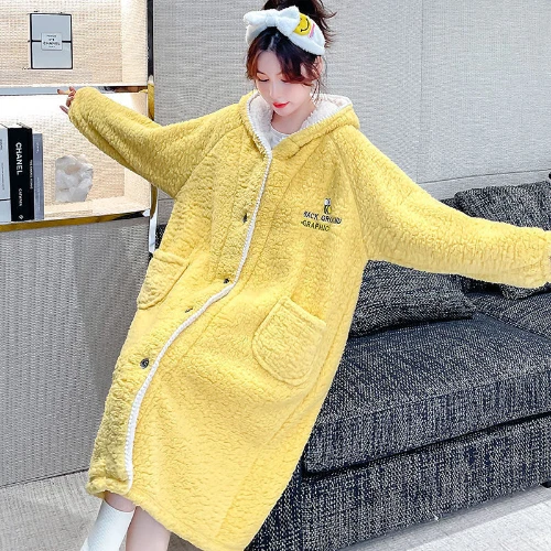 Accappatoio donna autunno inverno spesso con cappuccio dolce flanella vestaglia abito lungo pile - Foto 10 di 31