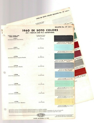 1960 DeSOTO Color Chip Paint Sample Brochure / Chart: DuPont, De Soto