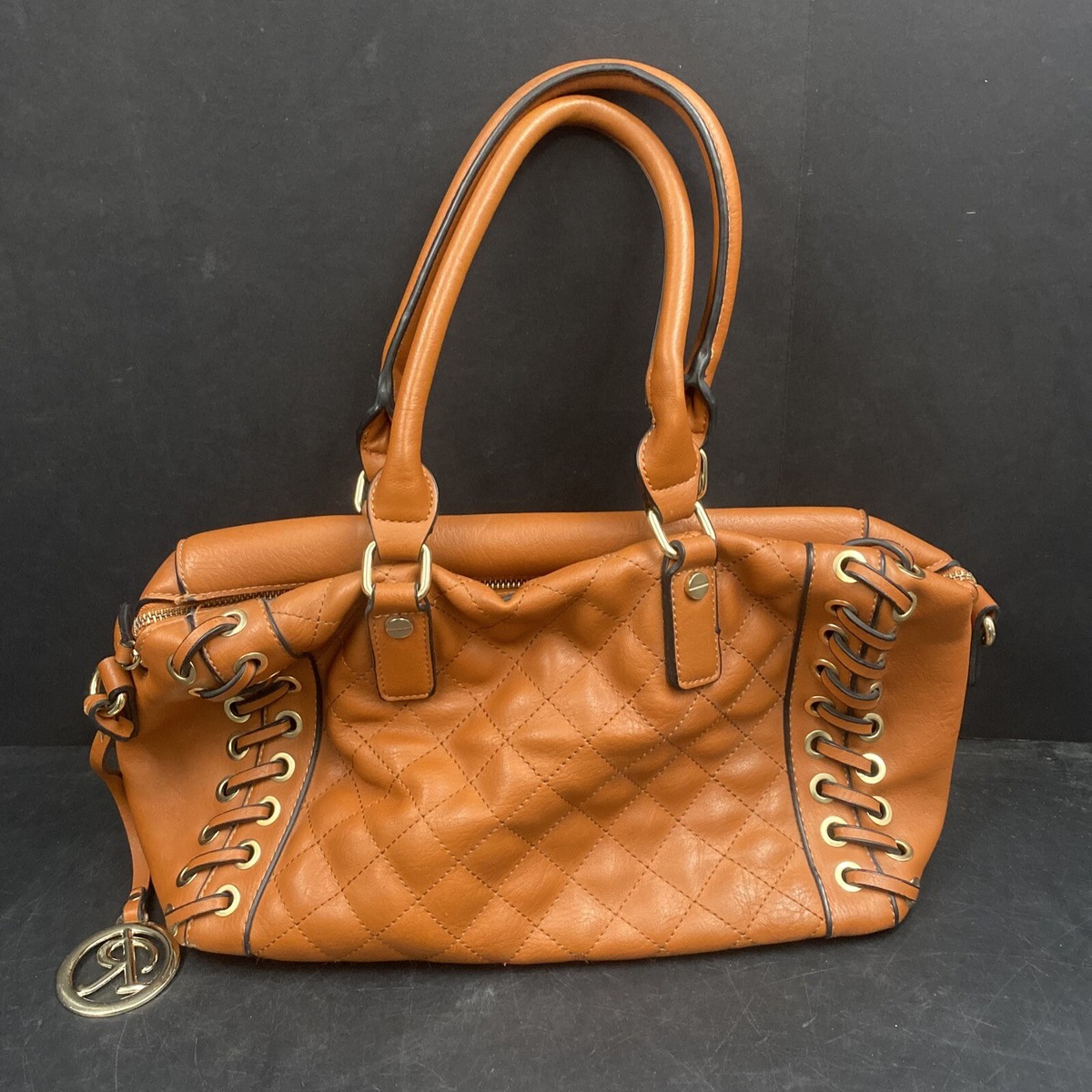 Brown Quilted Front Vegan Leather Shoulder Bag Double Handle Handbag Purse  Retro