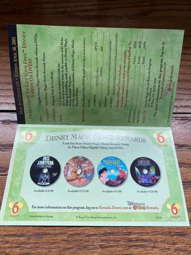 DISNEY MAGIC MOVIE REWARDS CERTIFICATE! MEGA RARE OOP! 2001 VINTAGE!! DISNEY DVD - Picture 5 of 5