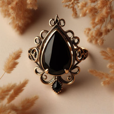Vintage Black Onyx Pear 10x14 mm 925 Silver 14k Gold Plated Engagement Ring