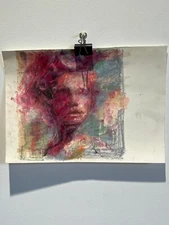 Abstract women face oil pastel painting. In purple color. A3 format