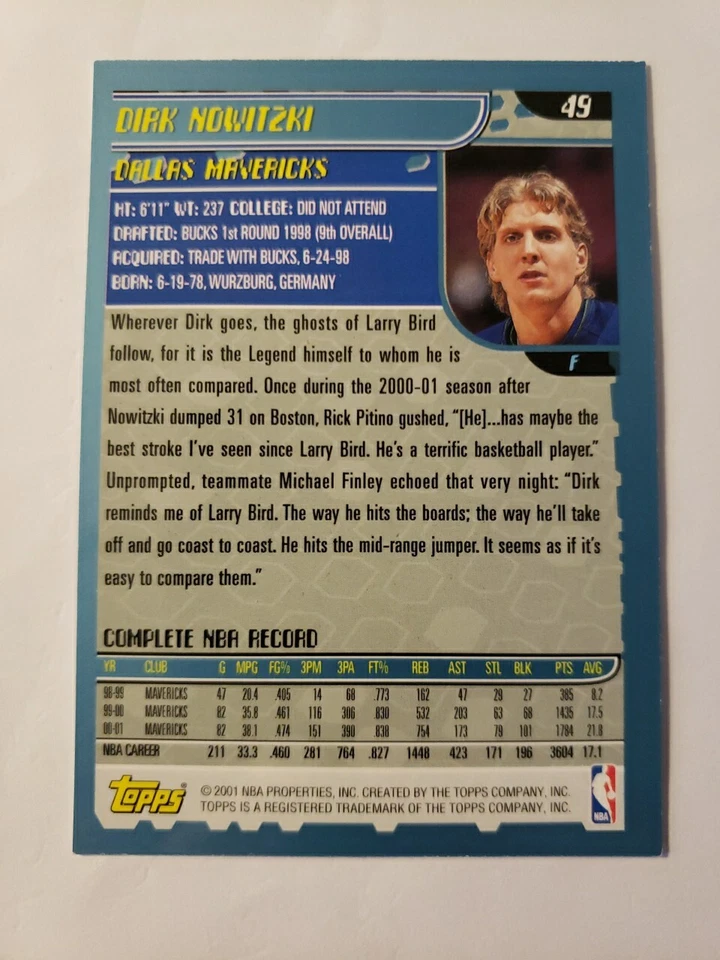 2001-02 Topps DIRK NOWITZKI #49 Dallas Mavericks - Image 3 of 3