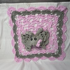 Handmade Crochet Elephant Lovey Blanket 30x30 Pink Gray Baby Nursery Gift