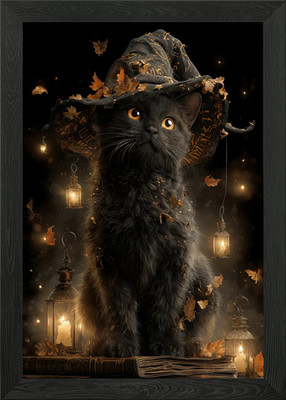 Schwarze Katze Hexe mit Herbstblättern gerahmtes Wandbild Poster Leinwanddruck Bild
