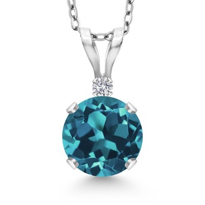 14K White Gold London Blue Topaz and Lab Grown Diamond Pendant Necklace for