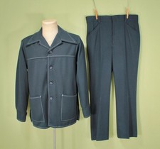 Men's VTG 70s Dark Blue 2 PC Leisure Suit Sz L 1970s Polyester Disco