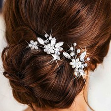 2 PCS Pearl Bride Wedding Hair Pins Silver Crystal Flower Bridal Hair Pieces