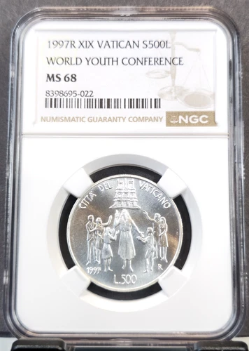 1997 VATICAN SILVER 500 LIRE WORLD YOUTH CONFERENCE NGC MS 68 HIGH GRADE GEM BU