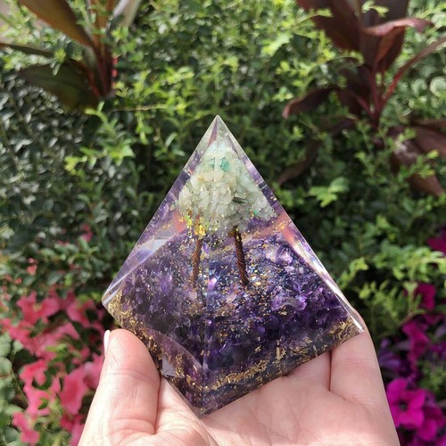 Amazonite Tree of Life Amethyst Purple Crystal Resin Orgonite Pyramid - Picture 2 of 9