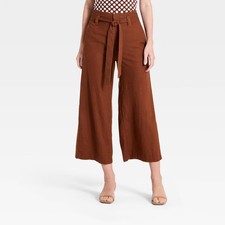 Women High-Rise Linen Belted Pants - A New Day Brown 12