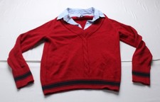 Tommy Hilfiger Women's Cable Knit Contrast Trim V Neck Sweater EJ3 Red Medium