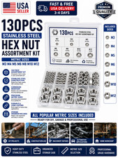 130pc Stainless Steel Metric Hex Nuts Assortment Kit M3 M4 M5 M6 M8 M10 M12 Set