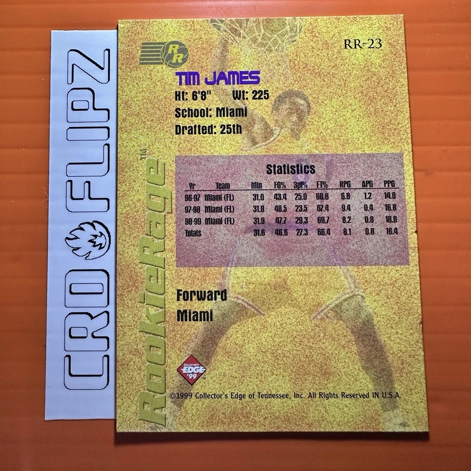 1999-00 Collector's Edge Rookie Rage Tim James RC #RR-23 Miami Heat - Image 2 of 2