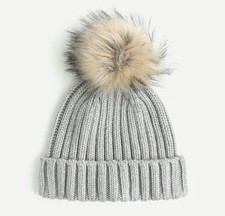 J. Crew NWT Ribbed Beanie with Faux-Fur Pom-Pom - Heather Gray